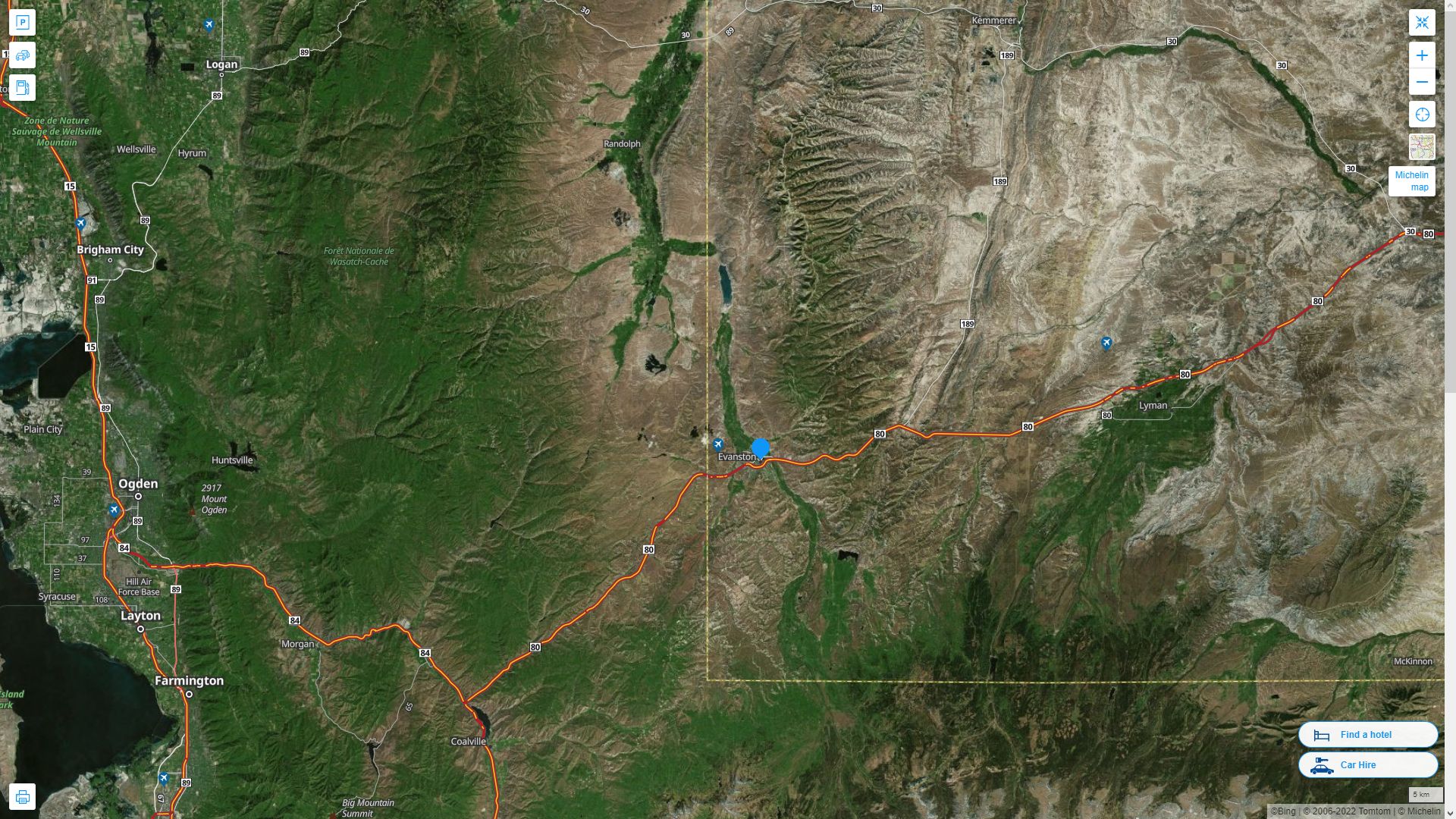 Evanston Wyoming Highway and Road Map with Satellite View